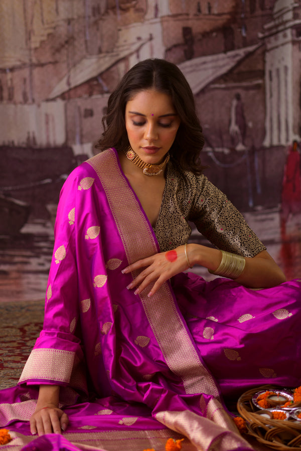 Handloom Purple Katan Silk Banarasi Saree