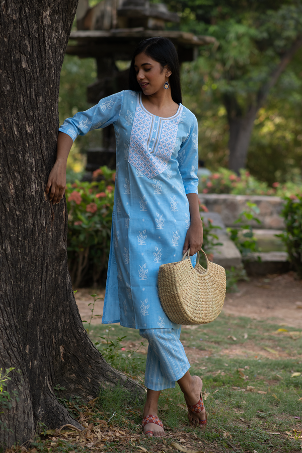 Blue-White Cotton Kurti with Pant