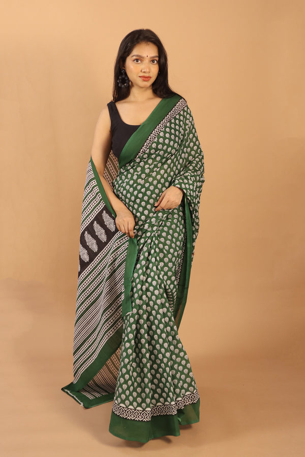 Block Printed Deep Green Cotton Saree