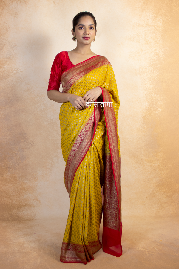 Handwoven Yellow-Red Georgette Saree
