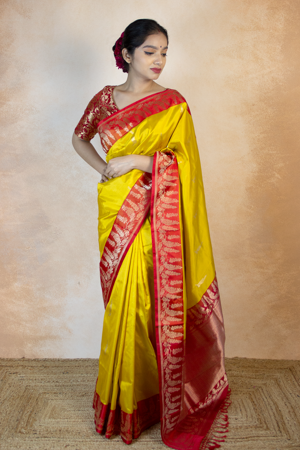 Handwoven Yellow-Red Katan Silk Banarasi Saree