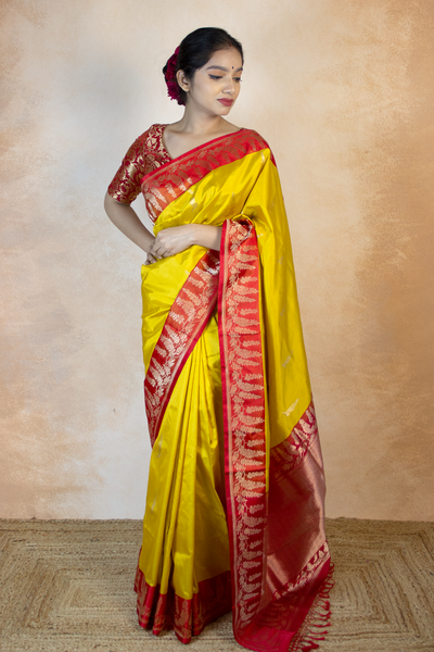 Yellowish Orange & Dark Red Shinori Silk Saree | ViBha