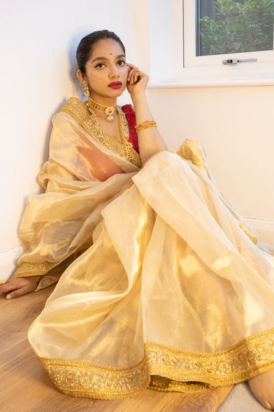 Gold woven silk saree with blouse - 61&7NX - 3565812