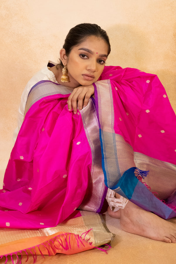 Handwoven Rani Pink Katan Silk Banarasi Dupatta