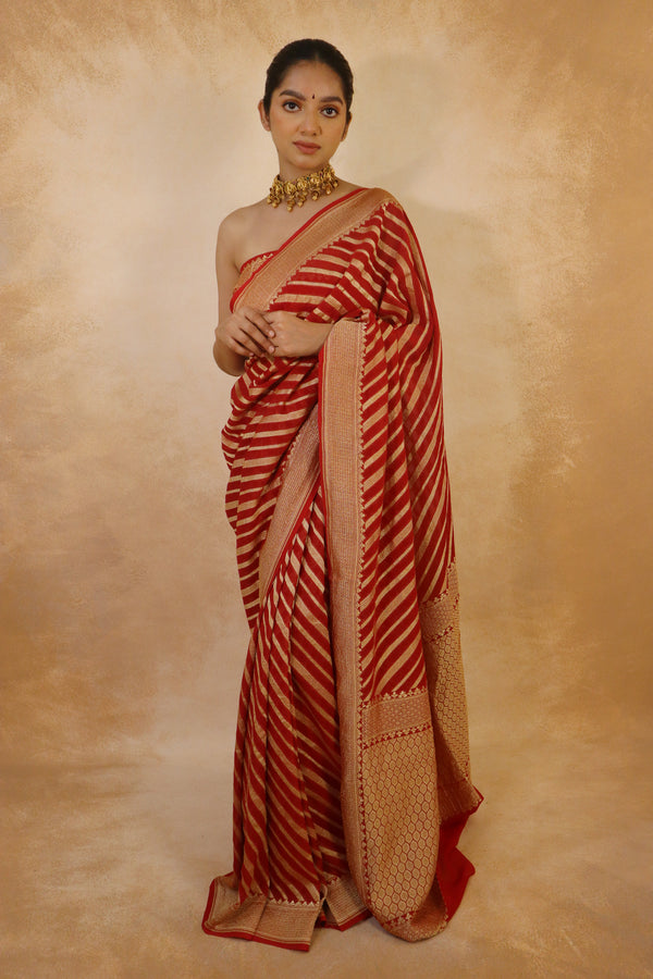 Red Stripe Georgette Banarasi Saree
