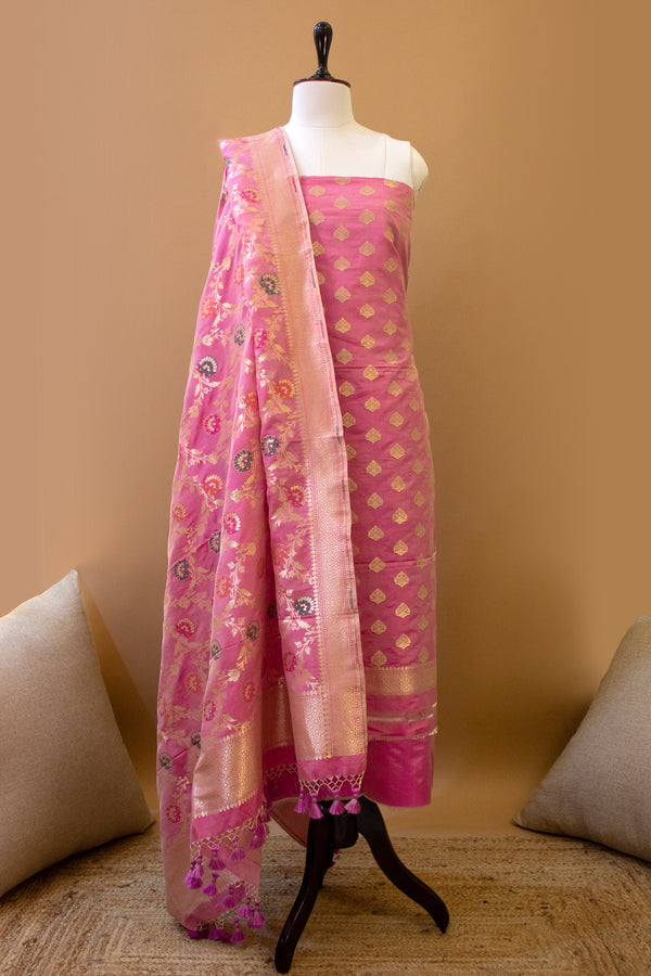 Handwoven Blush Pink Pure Katan Silk Suit Piece