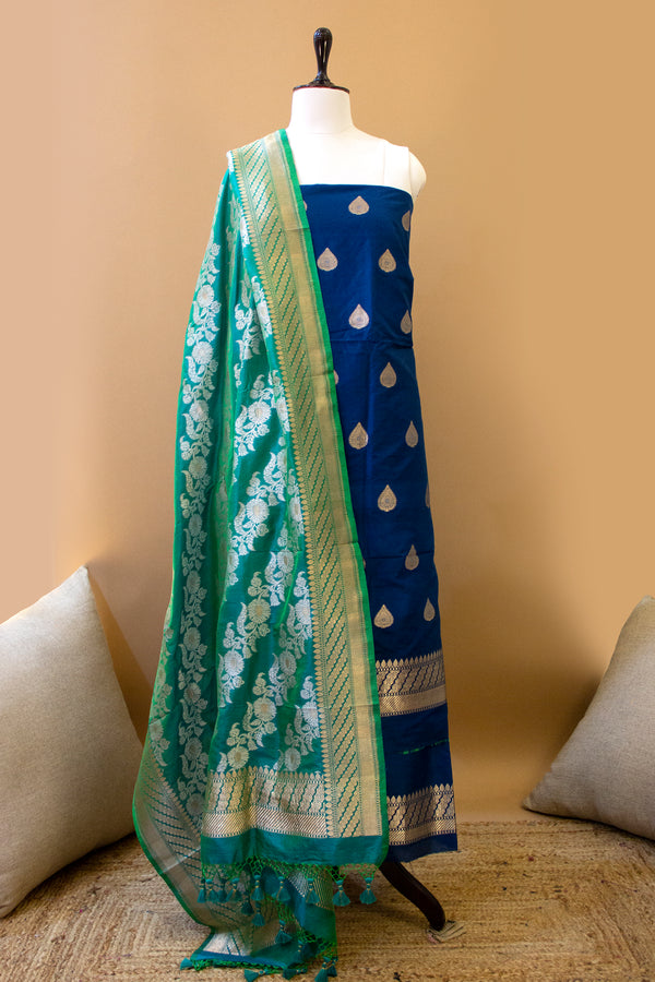 Handwoven Blue-Green Pure Katan Silk Banarasi Suit Piece