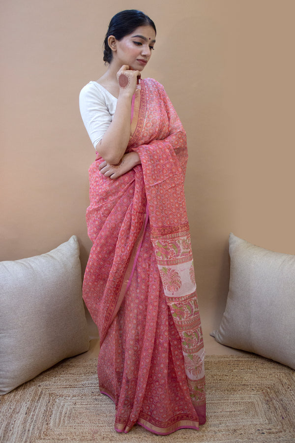 Block Printed Pink Kota Doria Saree