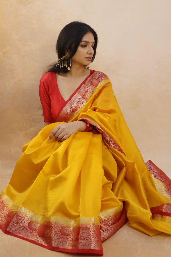 Yellow-Red Chiniya Silk Saree