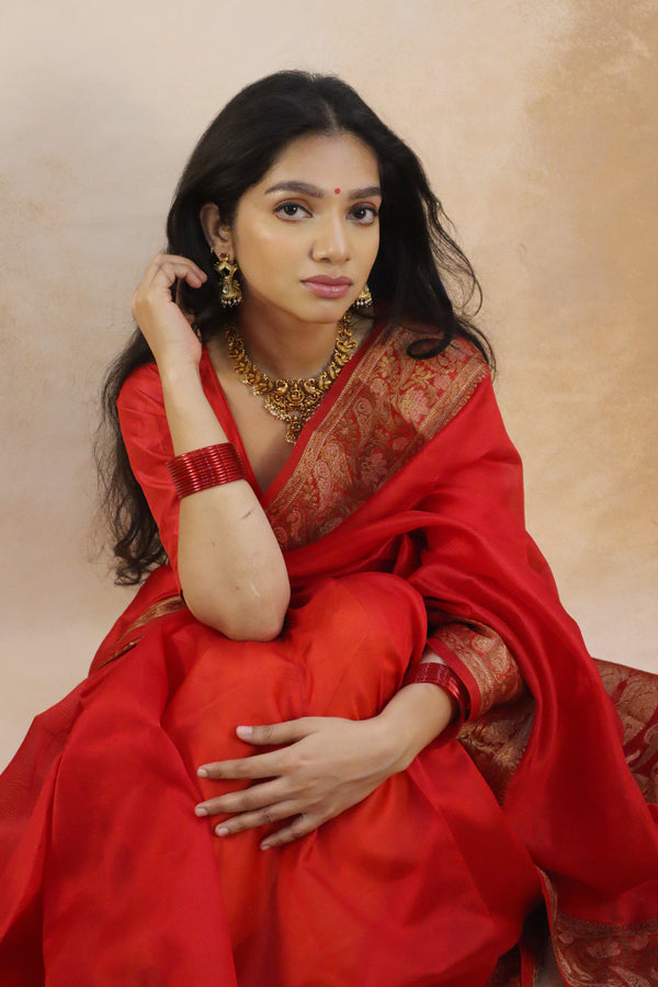 Pre-order: Red Chiniya Silk Saree