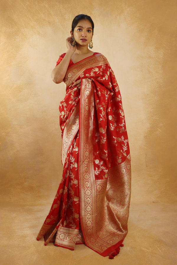 Handloom Red Jangla Banarasi Katan Silk Saree