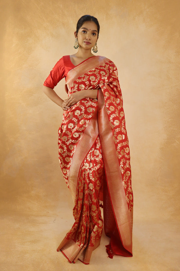 Handwoven Red Flower Banarasi Katan Silk Saree