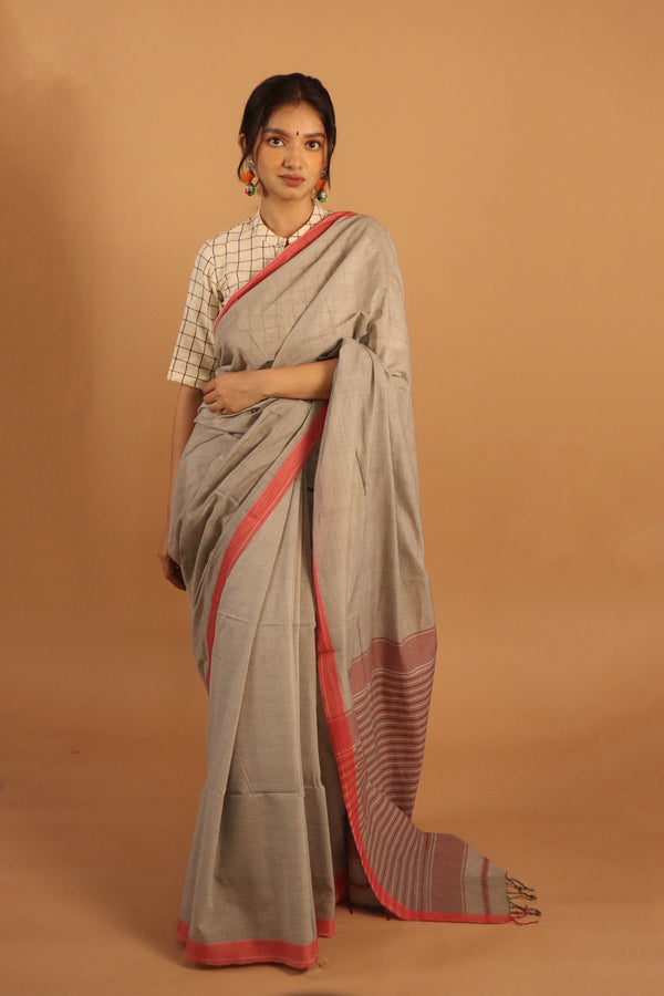 Grey Pink Pure Cotton Saree