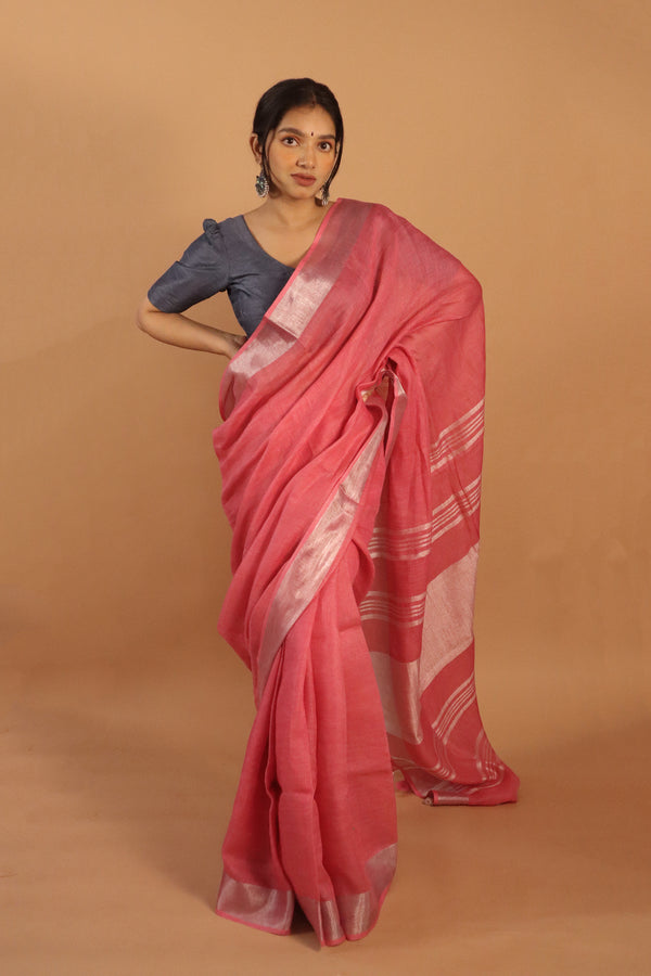 Handwoven Deep Pink Linen Saree